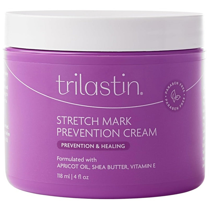 Stretch mark prevention cream jar by trilastin, purple container with white lid