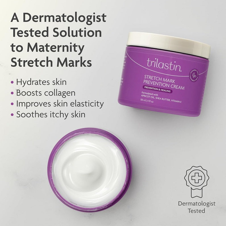 Stretch mark prevention cream jar showing white cream, trilastin purple with cap