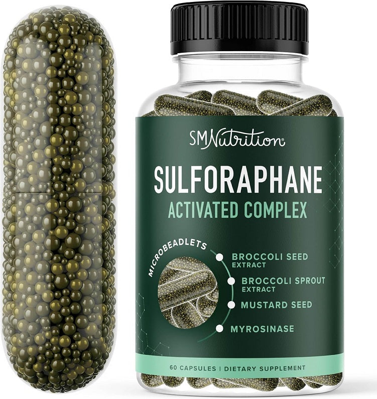 Sulforaphane supplement bottle with black cap next to microbeadlet capsules