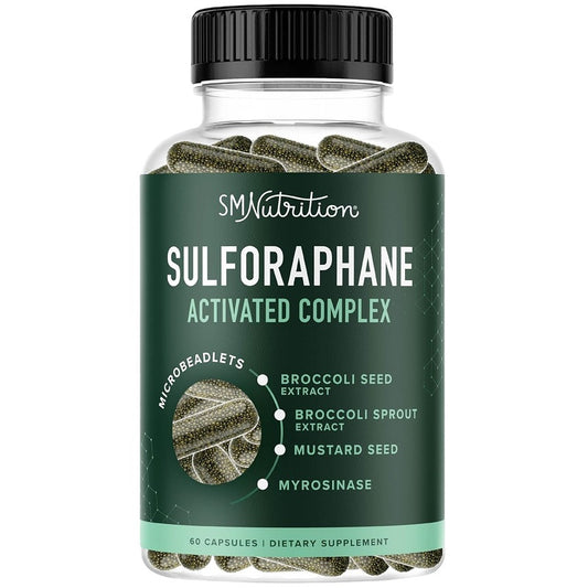 Sulforaphane supplement bottle with black cap and green label, 60 capsules