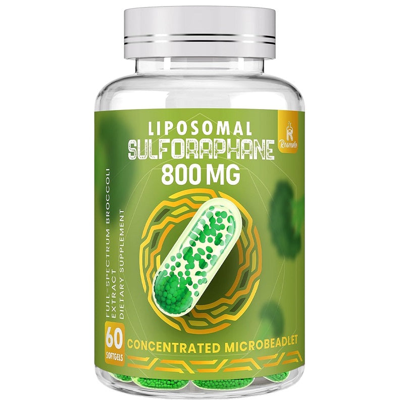 Liposomal sulforaphane 800 mg supplement bottle with green microbeadlet label