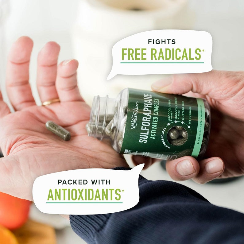 Hand holding SM Nutrition Sulforaphane bottle with green label and antioxidant callout
