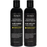 Black Hair Surge shampoo and Hair Solaye conditioner bottles, thickening & strengthening labels