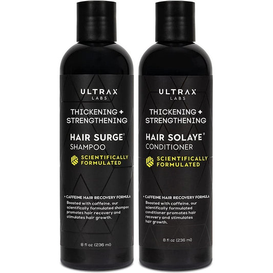 Black Hair Surge shampoo and Hair Solaye conditioner bottles, thickening & strengthening labels