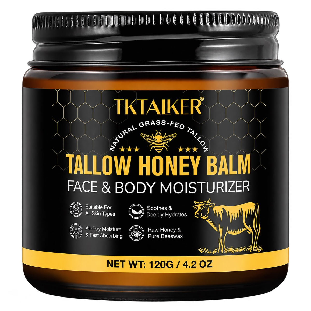 TKTALKER tallow honey balm face & body moisturizer jar, front label close-up
