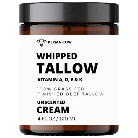 Whipped tallow cream jar by DERMA COW, unscented, vitamin A D E K, 120 ml