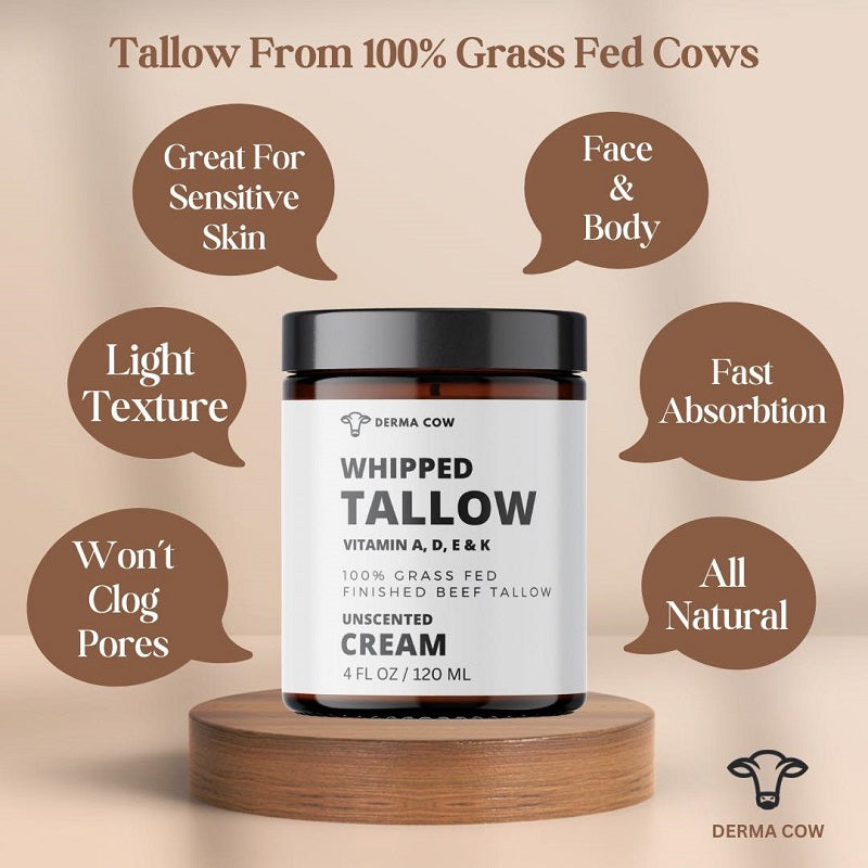 Whipped tallow cream jar by DERMA COW for face and body, unscented, 120 ml