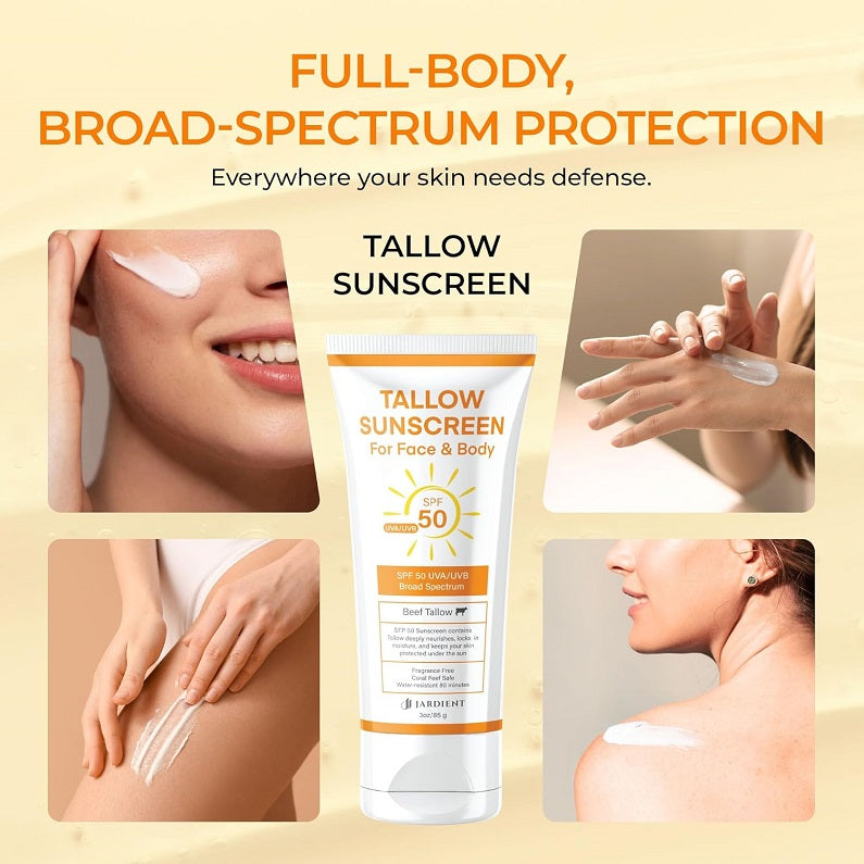 Jardient tallow sunscreen tube with SPF 50 face & body label, shown with cream