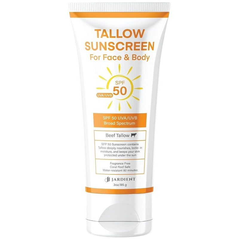 Jardient tallow sunscreen tube for face & body, broad spectrum SPF 50, 85g