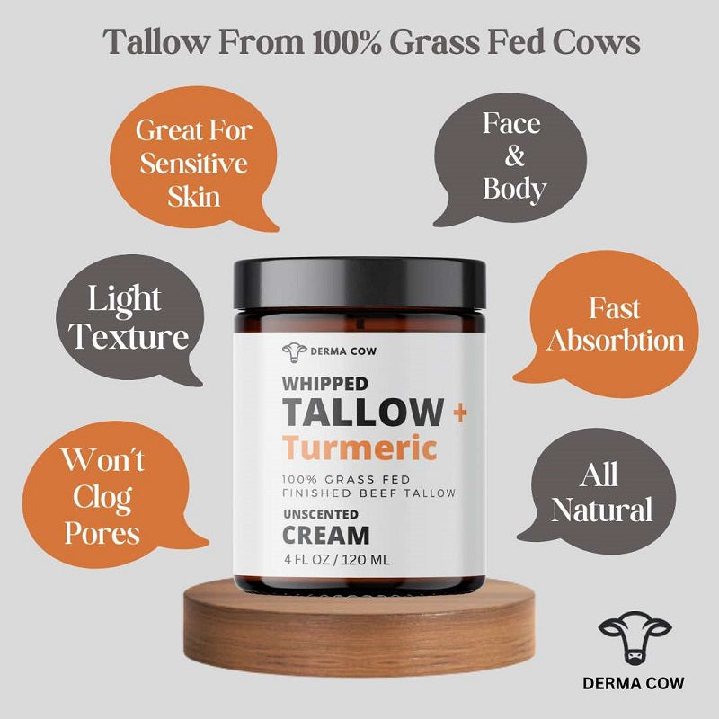 Whipped tallow + turmeric cream jar, unscented, 120 ml, on wooden pedestal