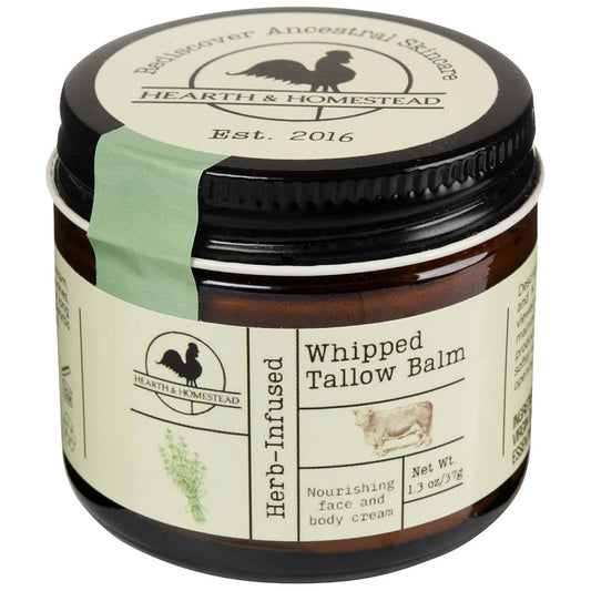 Whipped tallow balm jar with black lid and label, net wt 1.3 oz/37g