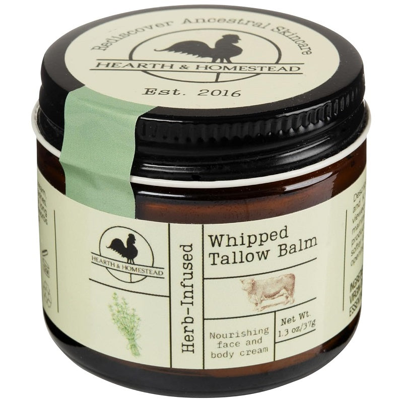 Whipped tallow balm jar with black lid and label, net wt 1.3 oz/37g