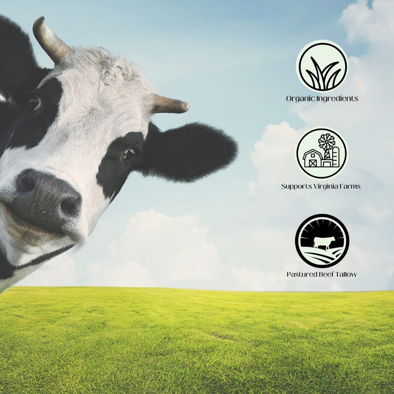 Whipped tallow balm farm-themed branding with cow and organic ingredients icons