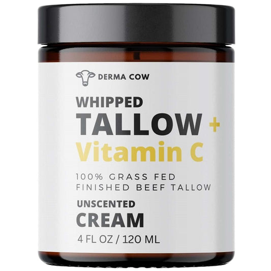 Whipped tallow cream jar with Vitamin C, unscented, black lid and amber base.