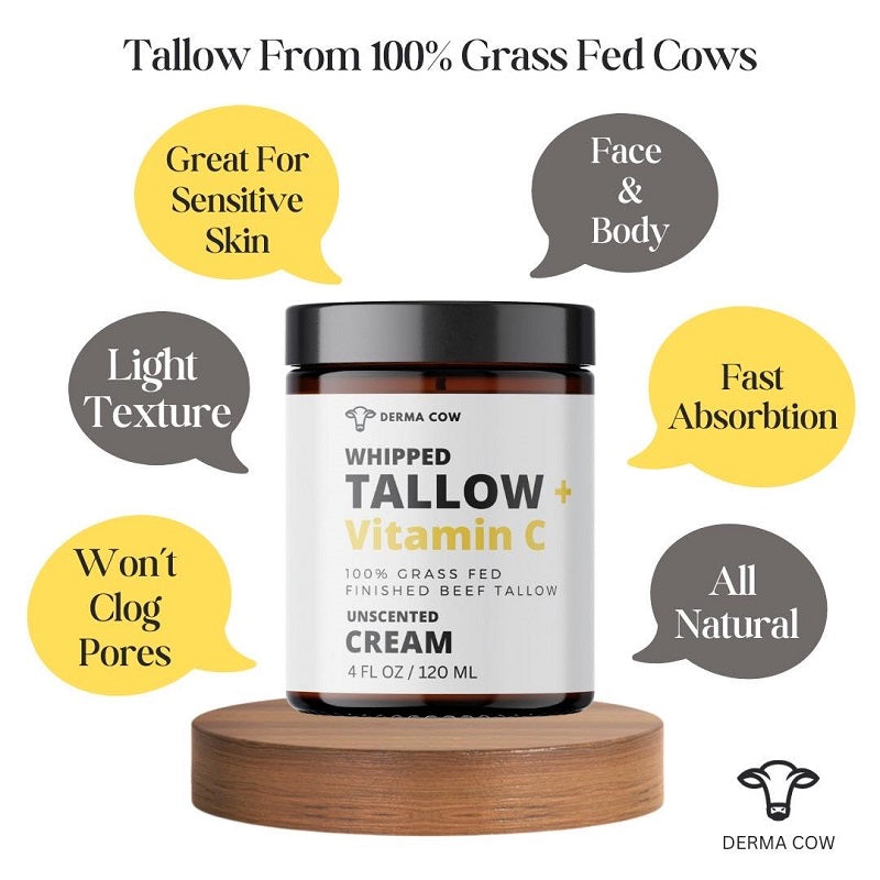 Whipped tallow + Vitamin C cream jar on wooden stand, unscented for face and body.