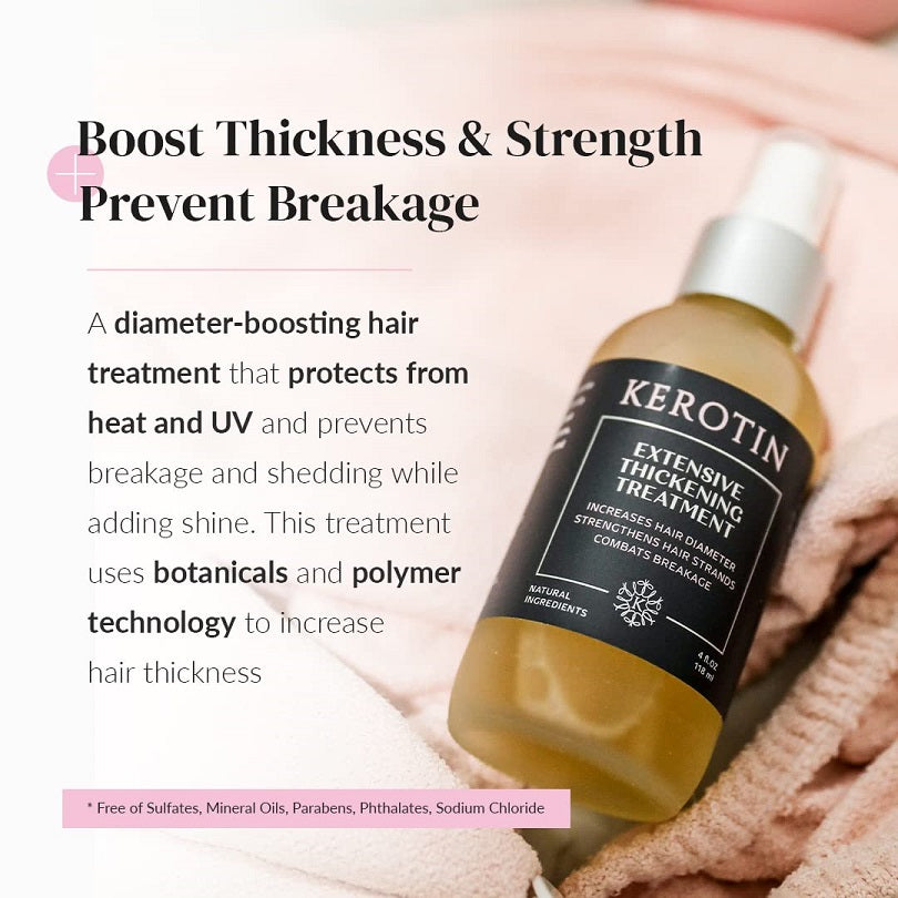 Hair thickening treatment pump bottle with amber liquid held in a hand