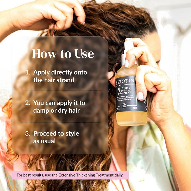 Woman applying hair thickening treatment from a bottle to hair strands