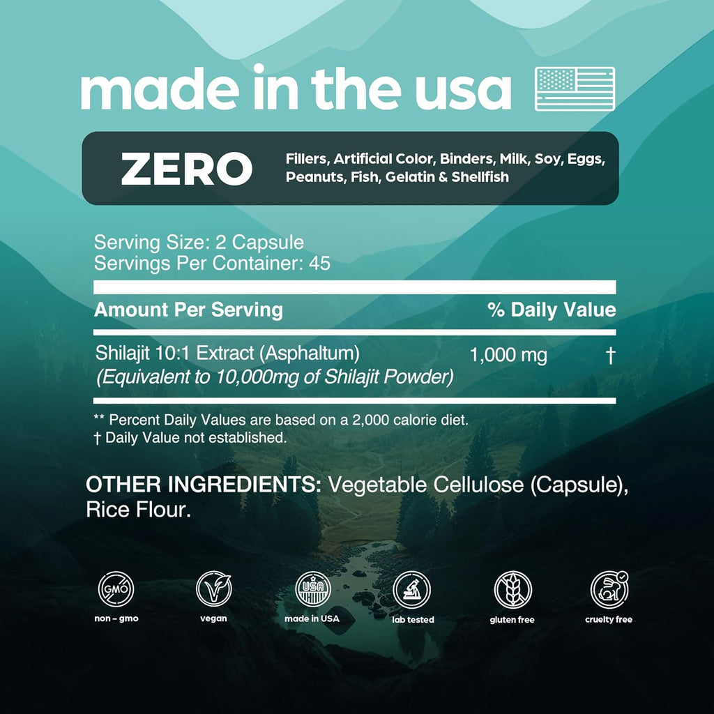 Shilajit supplement facts label with made in USA, zero claims, serving size info