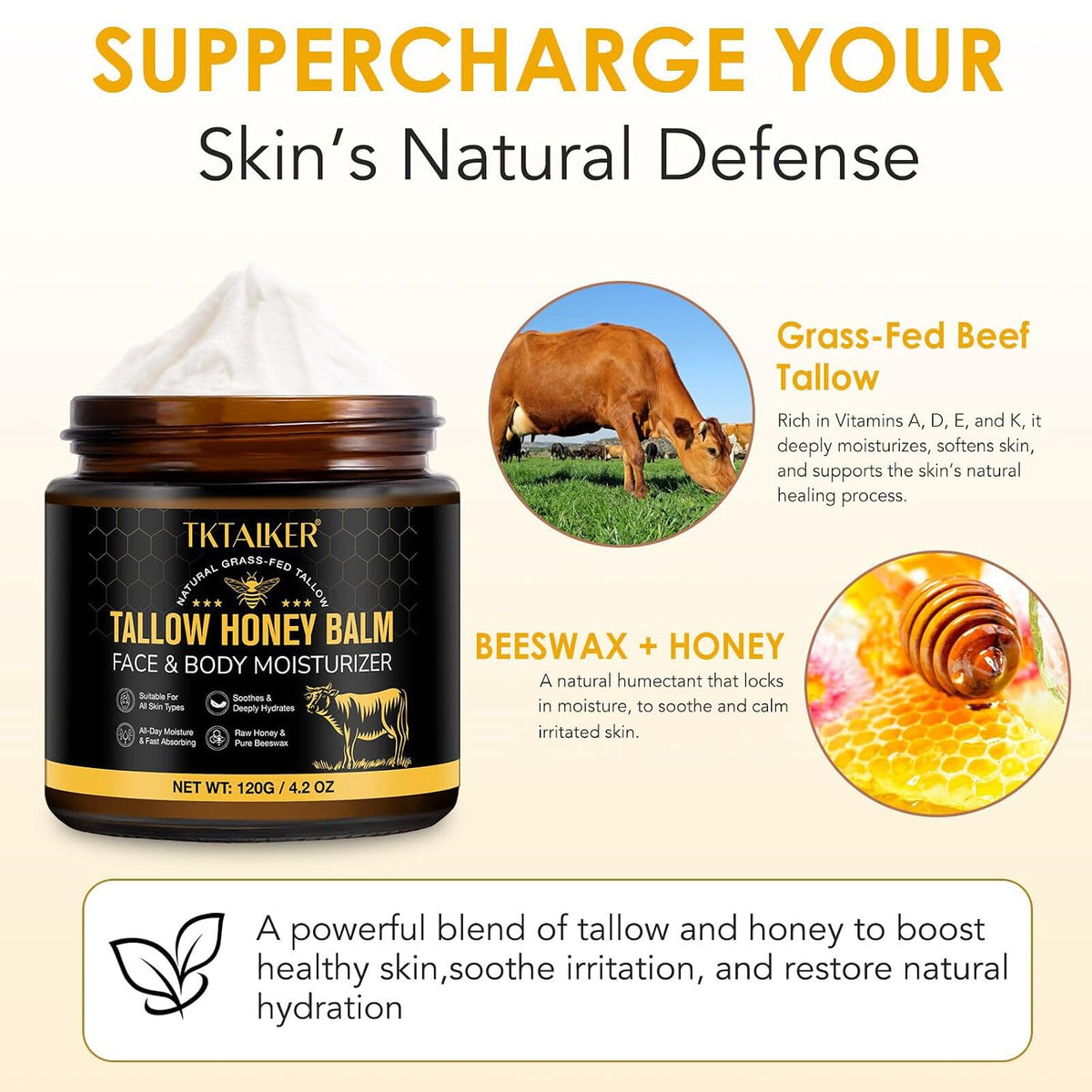 TKTALKER tallow honey balm face & body jar with honeycomb and bee-themed label