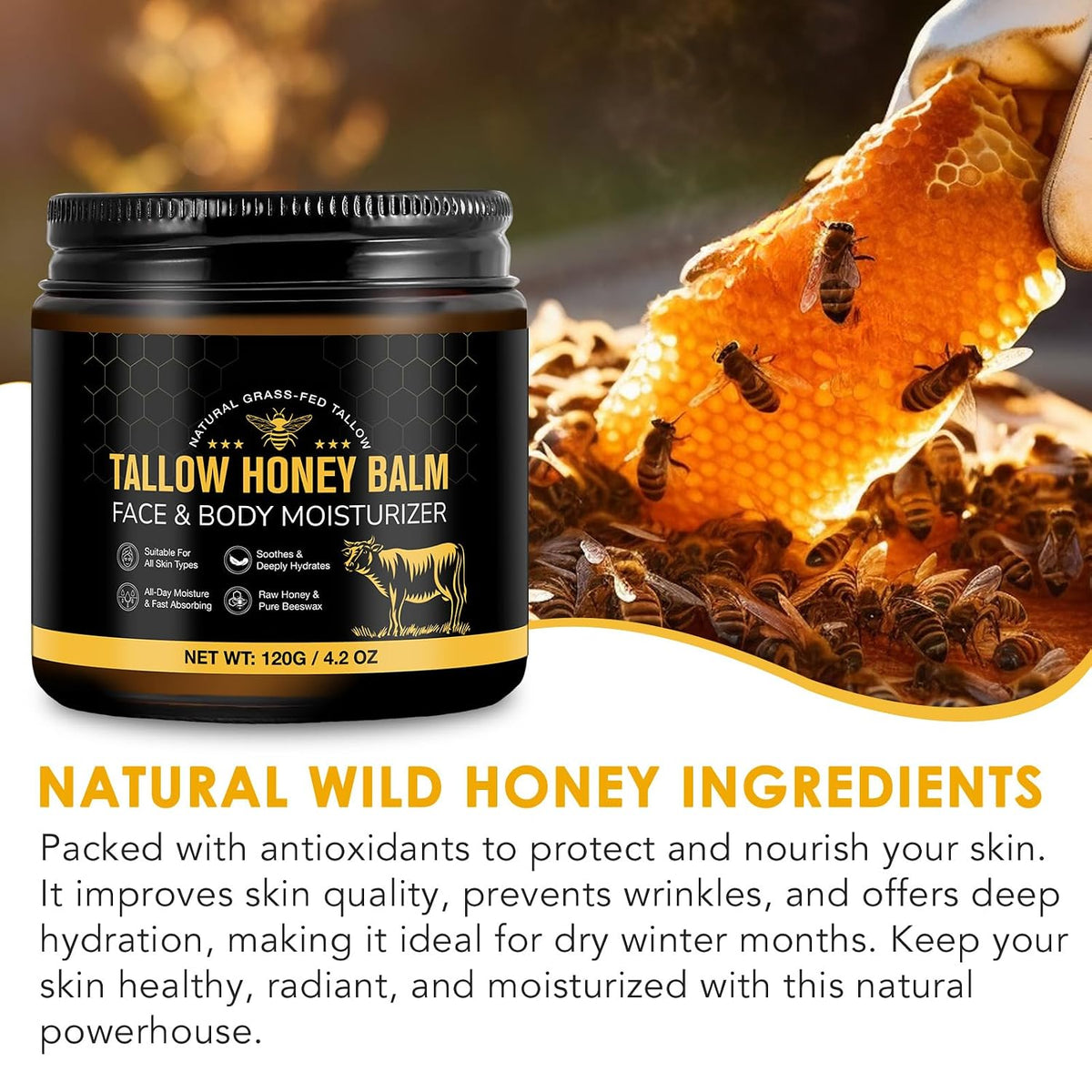TKTALKER tallow honey balm jar with honey dip and bees on honeycomb