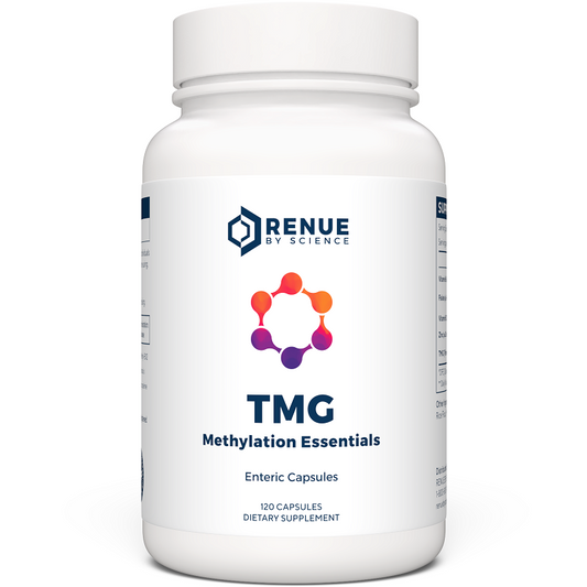 Supplement bottle with RENUE TMG Methylation Essentials front label