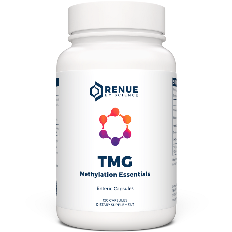 Supplement bottle with RENUE TMG Methylation Essentials front label