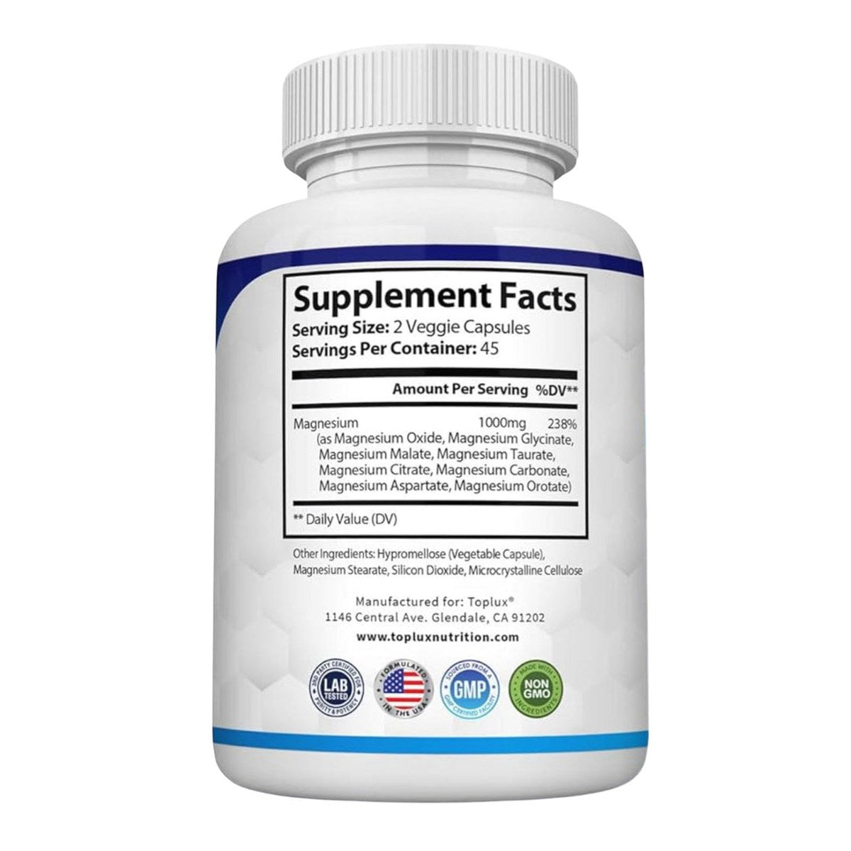 Magnesium supplement bottle with Supplement Facts panel and veggie capsules label