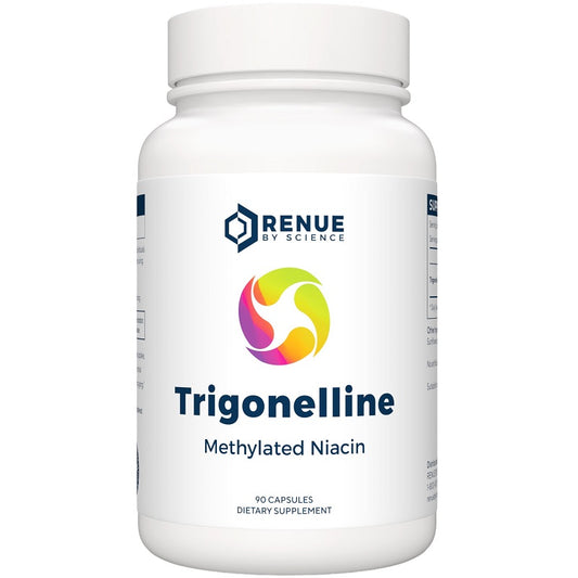 White supplement bottle with RENUE BY SCIENCE Trigonelline label and 90 capsules