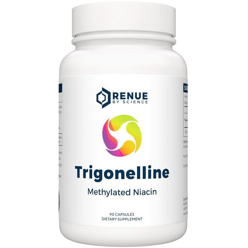 White supplement bottle with RENUE BY SCIENCE Trigonelline label and 90 capsules
