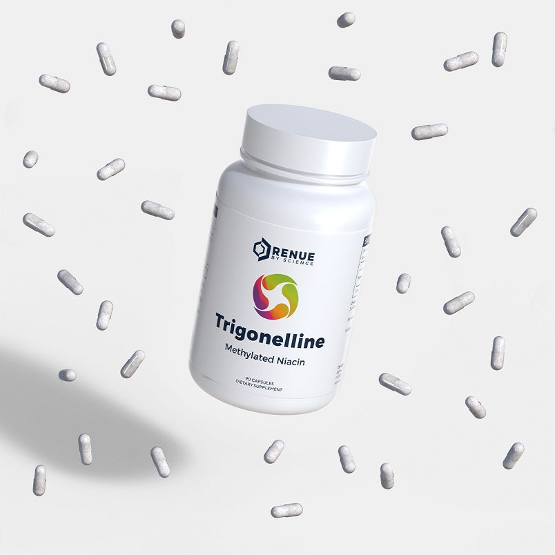 White supplement bottle with RENUE BY SCIENCE logo and capsules floating around