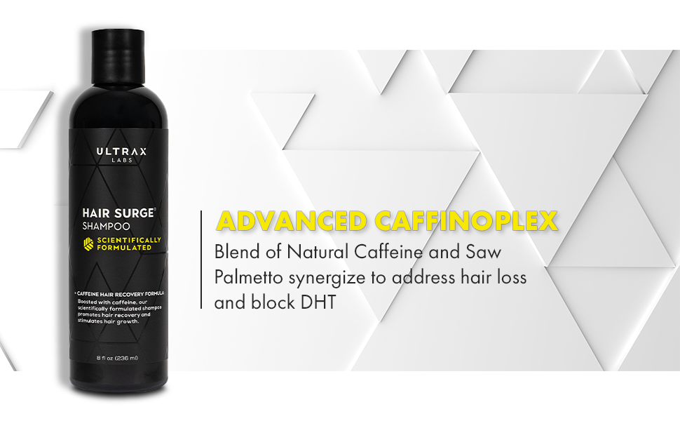 Ultrax Labs Hair Surge shampoo bottle with black cap, dark bottle and label
