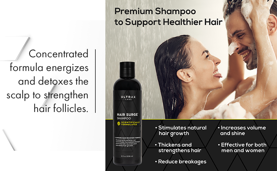 Ultrax Labs Hair Surge concentrated shampoo bottle with yellow label highlights