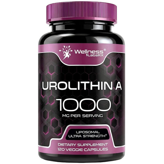 Close-up of Urolithina 1000 mg liposomal supplement bottle front label