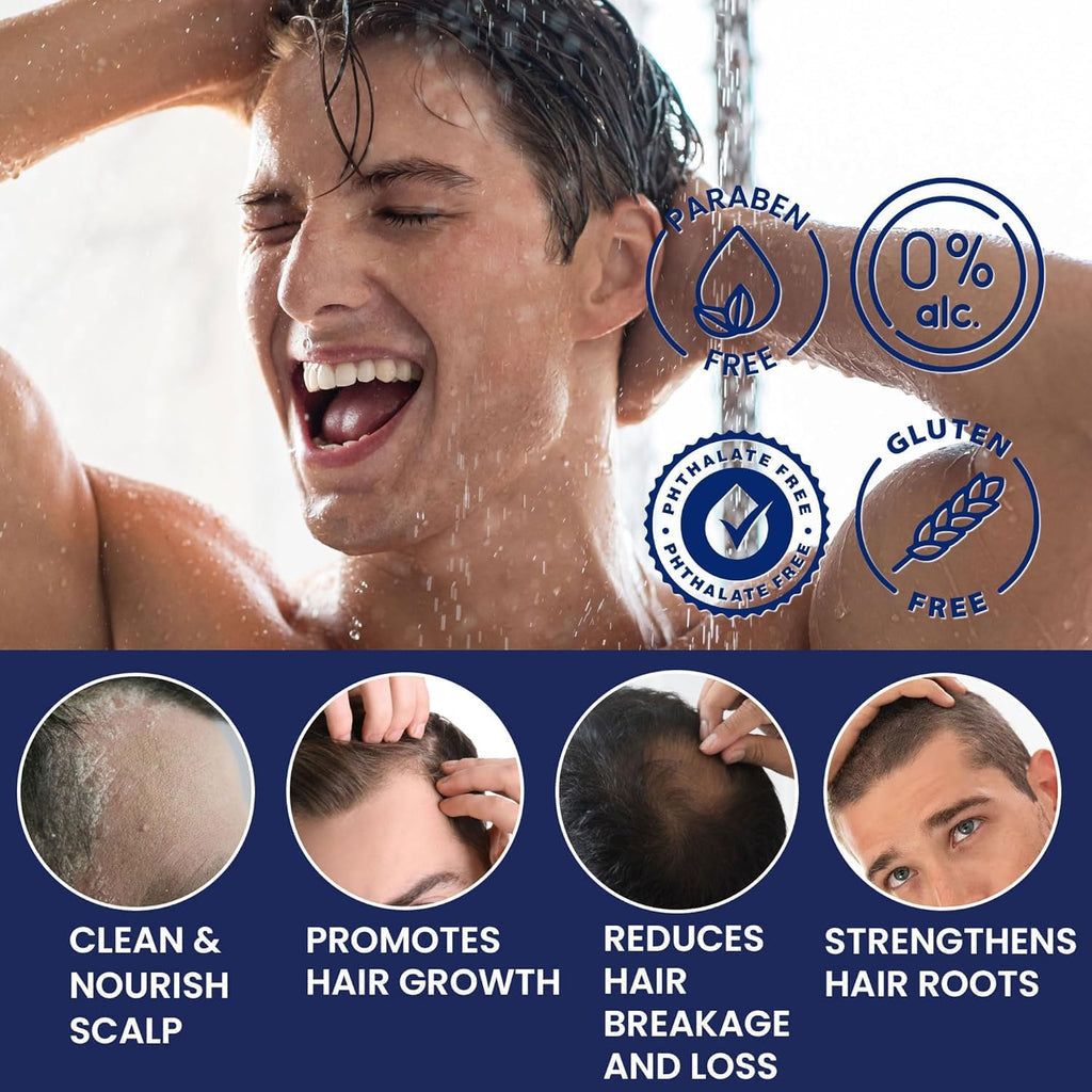 Men's hair growth shampoo with wet-hair model and scalp-care label icons