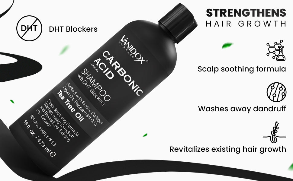 VANIDOX Carbonic Acid shampoo bottle, black bottle with black cap and label