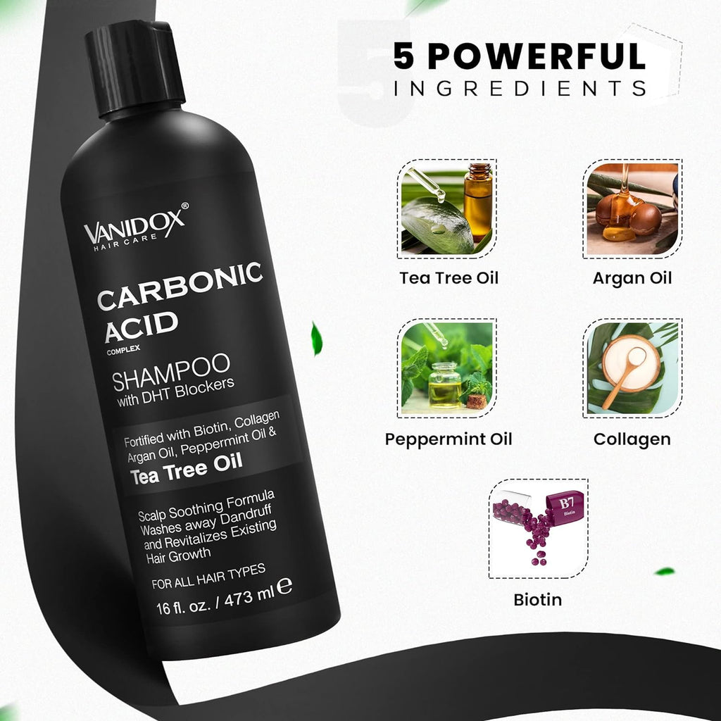 VANIDOX Carbonic Acid DHT shampoo bottle, black bottle with oil ingredient icons
