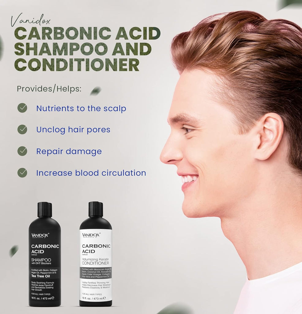 VANIDOX Carbonic Acid shampoo and conditioner bottles, black pump, 473 ml