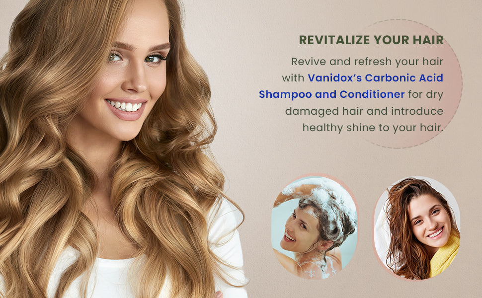 VANIDOX Carbonic Acid shampoo and conditioner bottles beside smiling woman