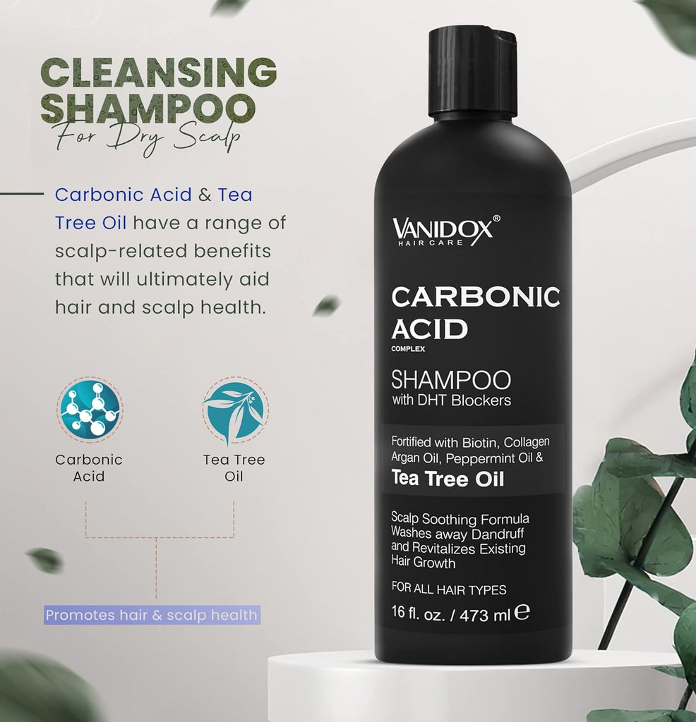 VANIDOX Carbonic Acid shampoo bottle with black cap, 473 ml