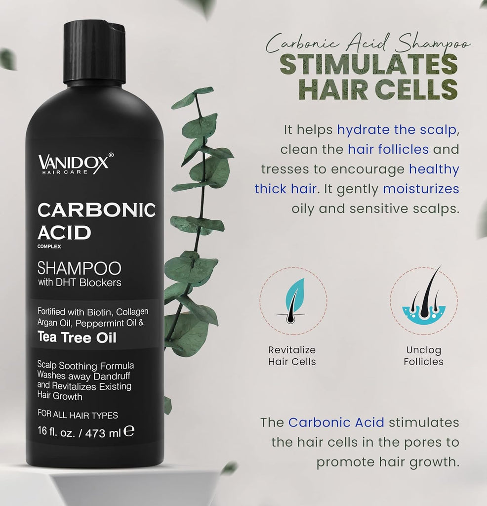 VANIDOX Carbonic Acid shampoo bottle with black cap and leaf accents