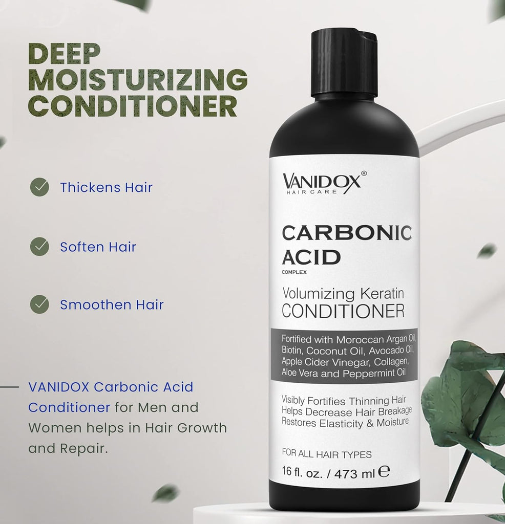 VANIDOX Carbonic Acid conditioner bottle with black cap and green leaf sprigs