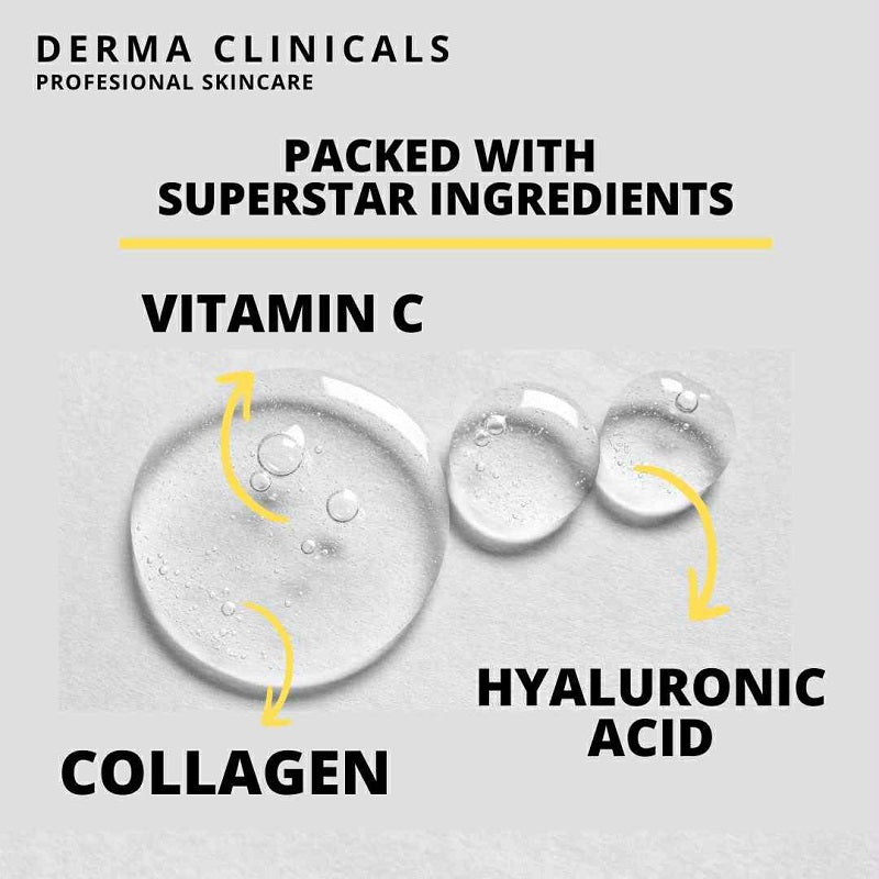 Vitamin C, collagen, and hyaluronic acid serum ingredient graphic