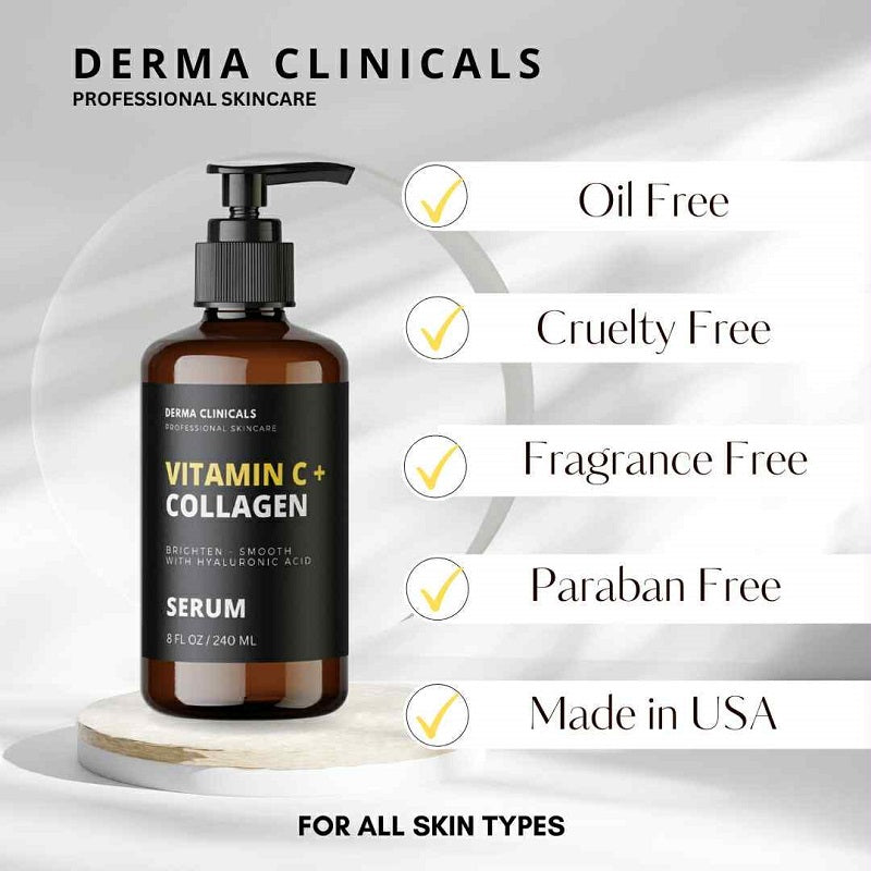 Vitamin C + Collagen serum bottle with oil-free, cruelty-free, fragrance-free labels