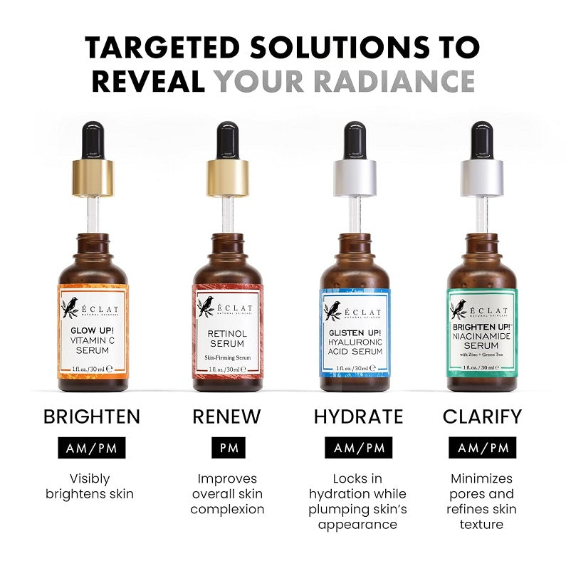 Vitamin C face serum bottle in skincare lineup of four serum options