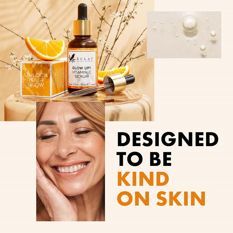 Vitamin C face serum bottle with gold cap and dropper