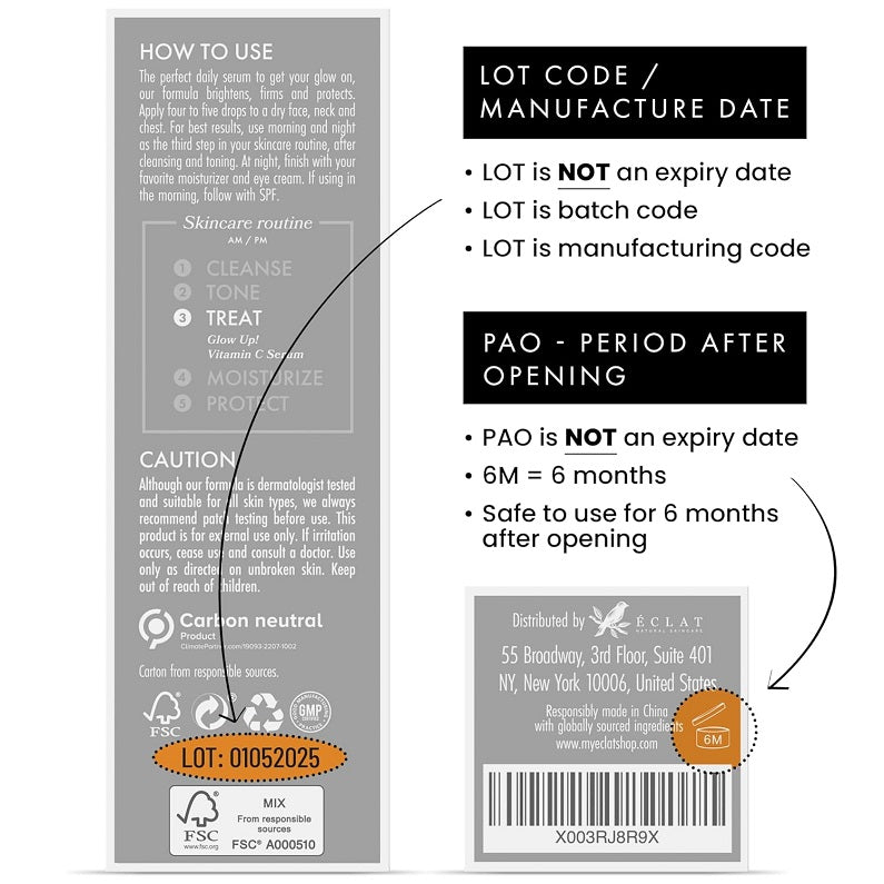 Vitamin C face serum package back label with lot code, POA, and barcode