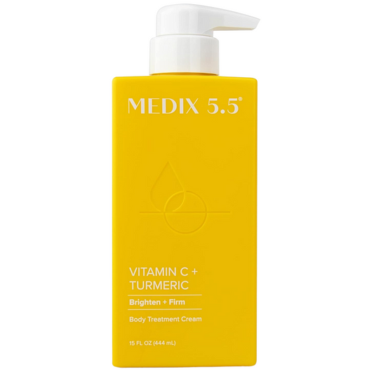 Vitamin C + Turmeric body cream bottle with pump, yellow label, 444 ml