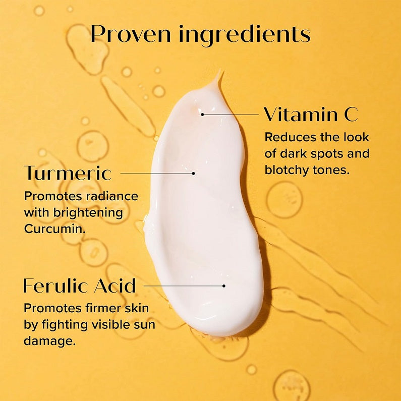 Proven ingredients graphic with droplet: Vitamin C, Turmeric, Ferulic Acid