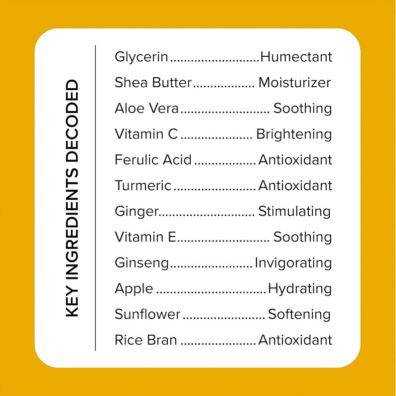 Key ingredients list card: Glycerin, Shea Butter, Aloe Vera, Vitamin C, Ferulic Acid