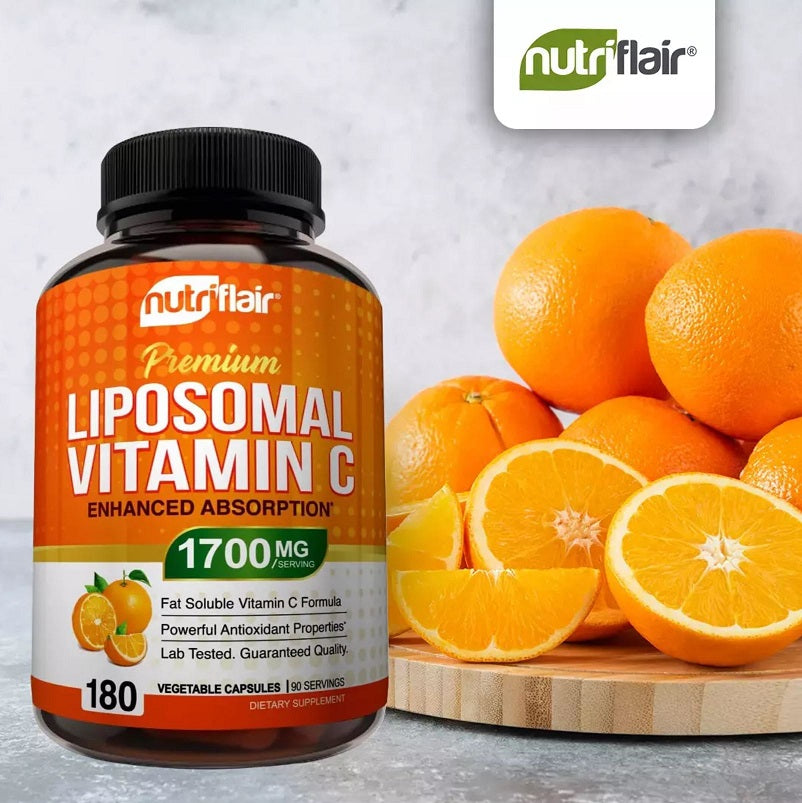 NutriFlair liposomal Vitamin C bottle with orange fruit, 1700 mg, 180 capsules